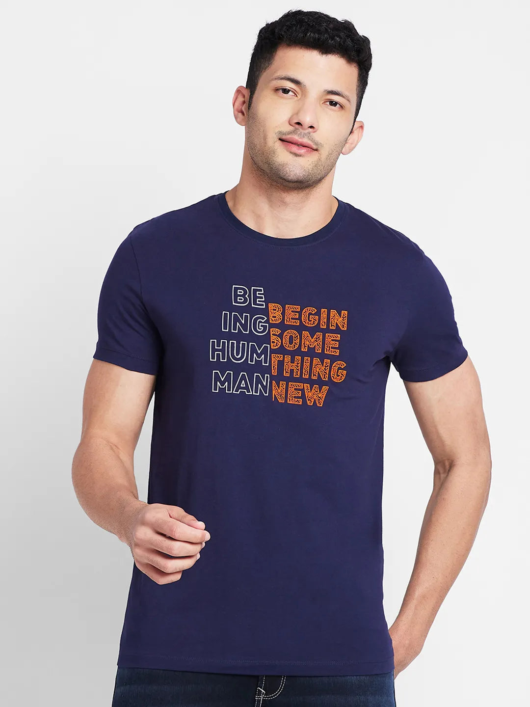 Navy Regular Fit Round Neck Men's T-Shirt by Being Human Clothing