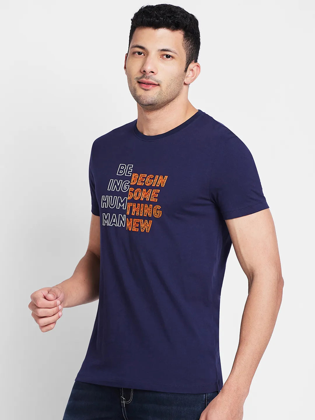 Navy Regular Fit Round Neck Men's T-Shirt by Being Human Clothing