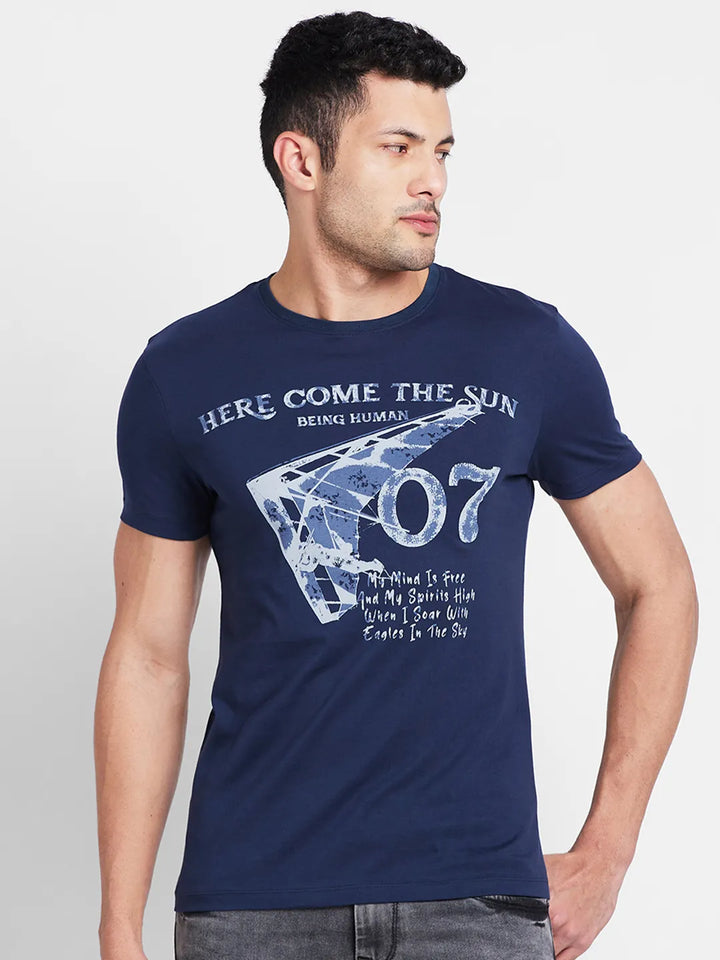 Navy Regular Fit Round Neck Men's T-Shirt by Being Human Clothing