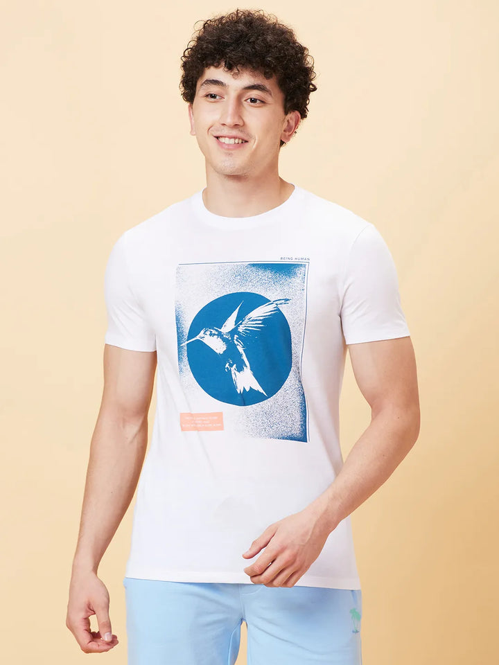 White Slim Fit Round Neck Men's T-Shirt by Being Human Clothing