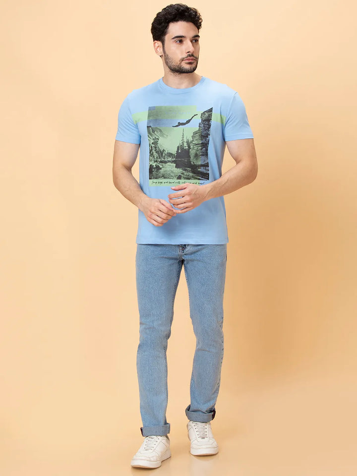 Light Blue Slim Fit Round Neck Men's T-Shirt by Being Human Clothing