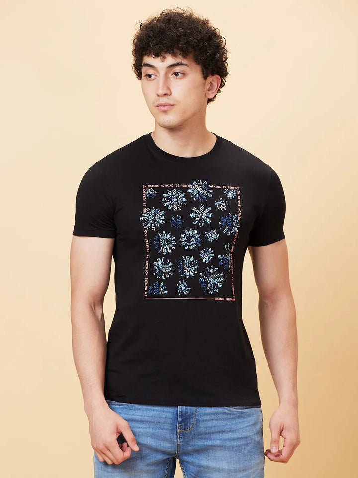Black Slim Fit Round Neck Men's T-Shirt by Being Human Clothing