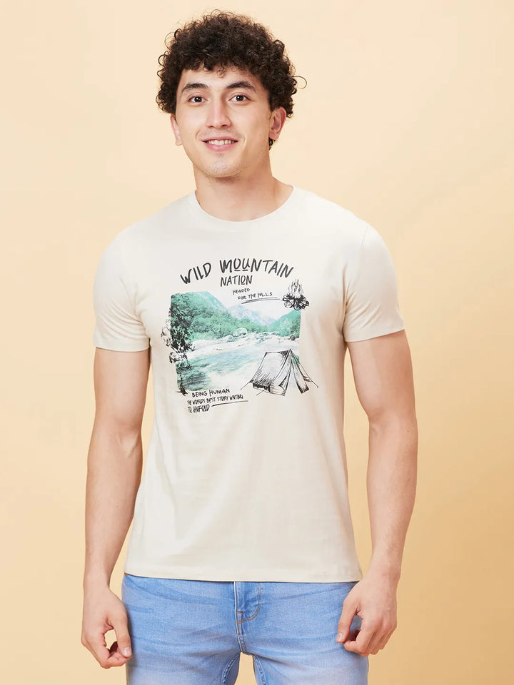 Beige Slim Fit Round Neck Men's T-Shirt by Being Human Clothing
