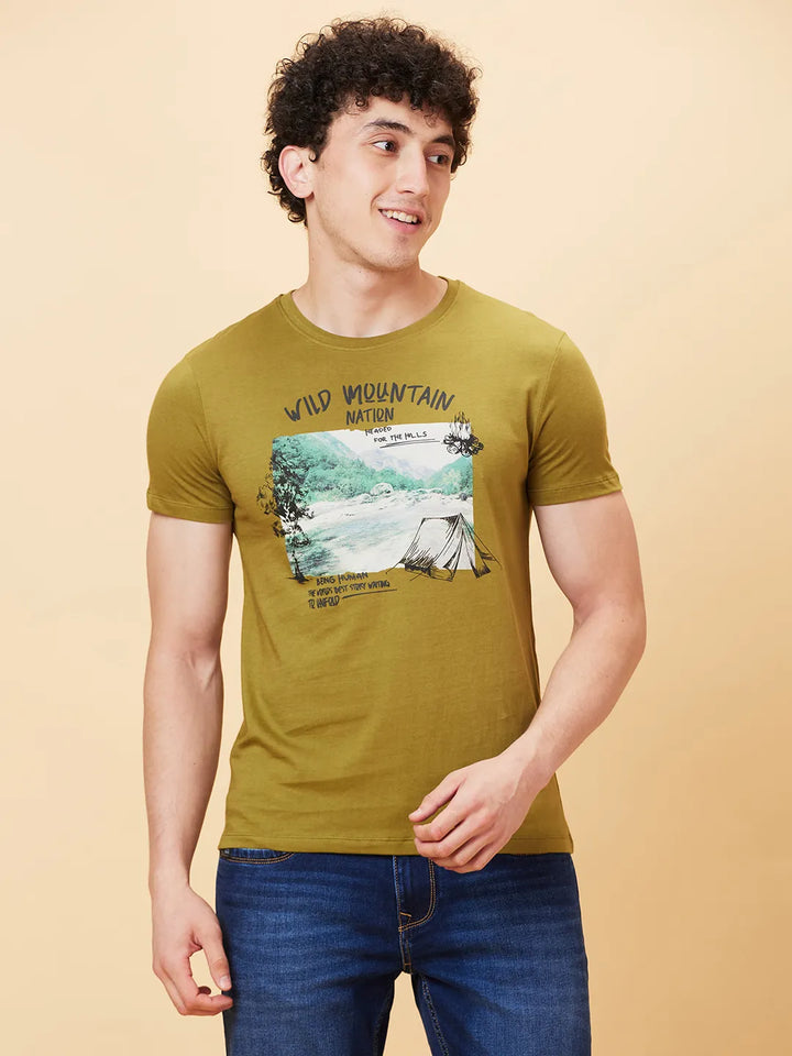 Olive Slim Fit Round Neck Men's T-Shirt by Being Human Clothing
