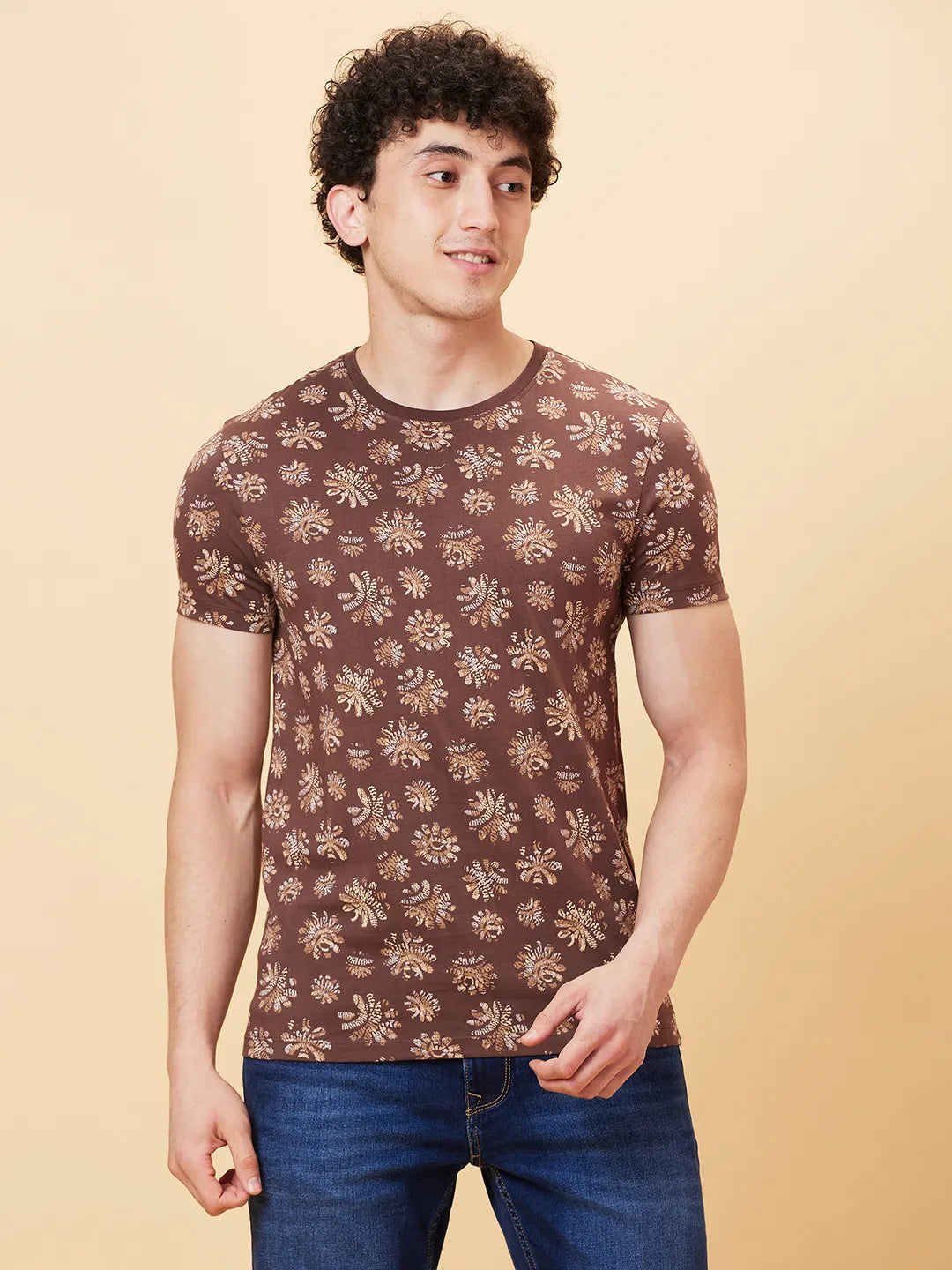 Coffee Regular Fit Round Neck Men's T-Shirt by Being Human Clothing