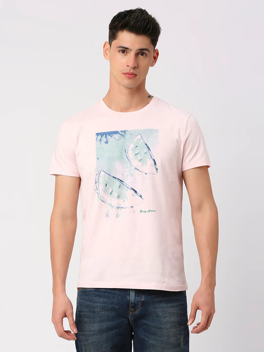 Powder Pink Regular Fit Round Neck Men's T-Shirt by Being Human Clothing