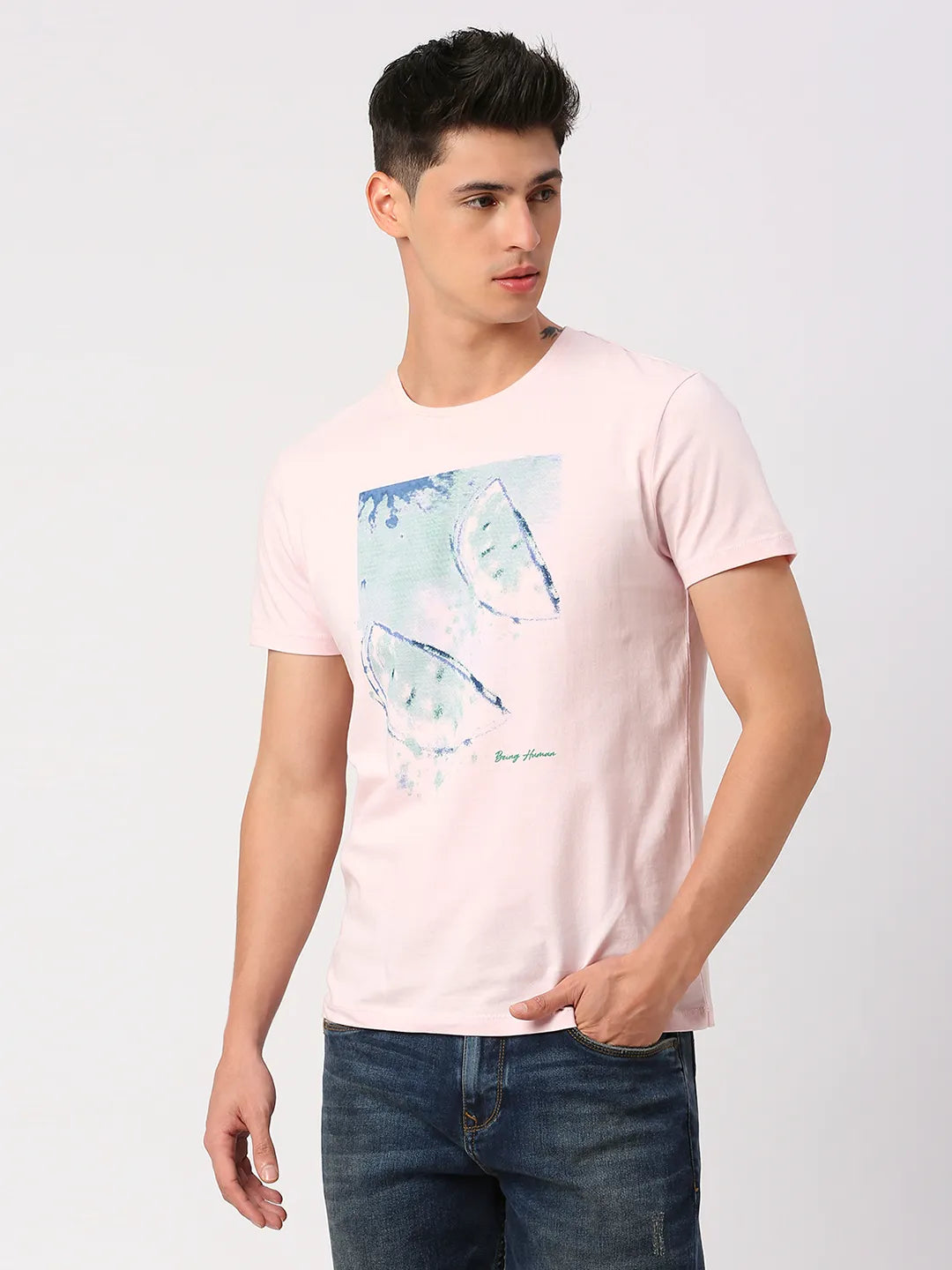 Powder Pink Regular Fit Round Neck Men's T-Shirt by Being Human Clothing