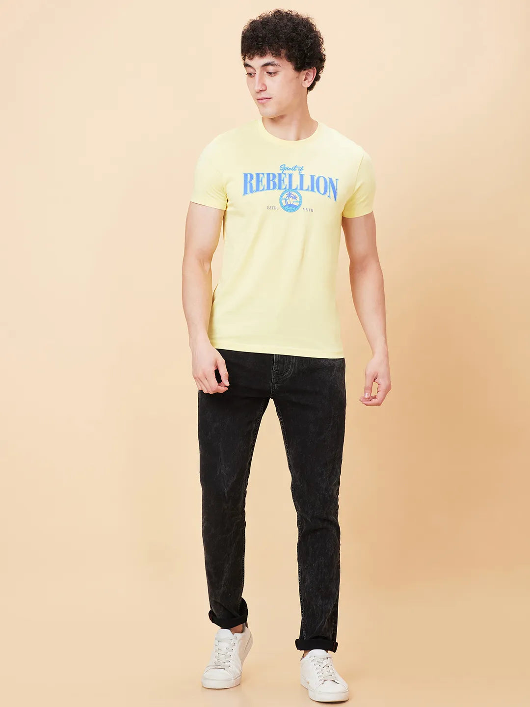 Pale Yellow Regular Fit Round Neck Men's T-Shirt by Being Human Clothing
