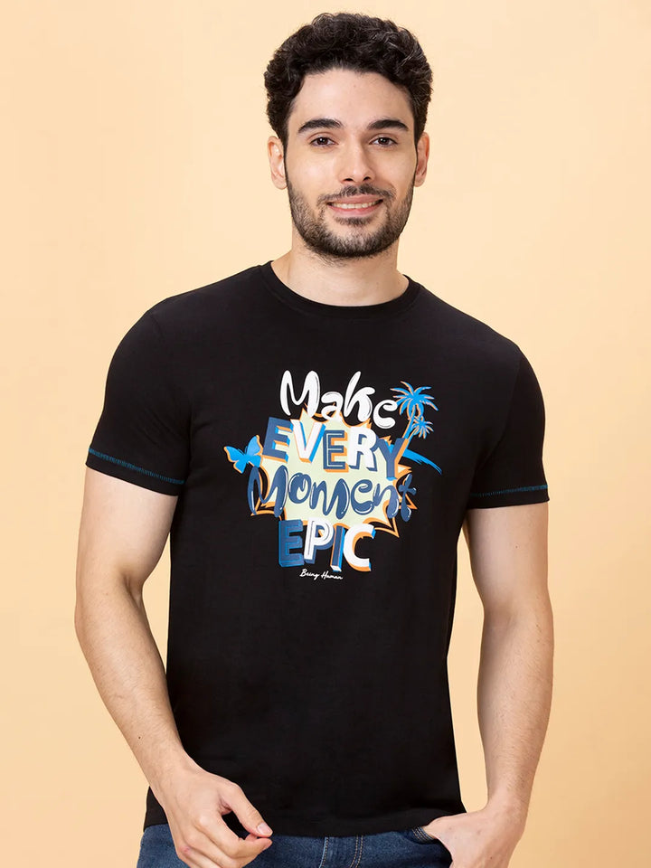 Black Regular Fit Round Neck Men's T-Shirt by Being Human Clothing