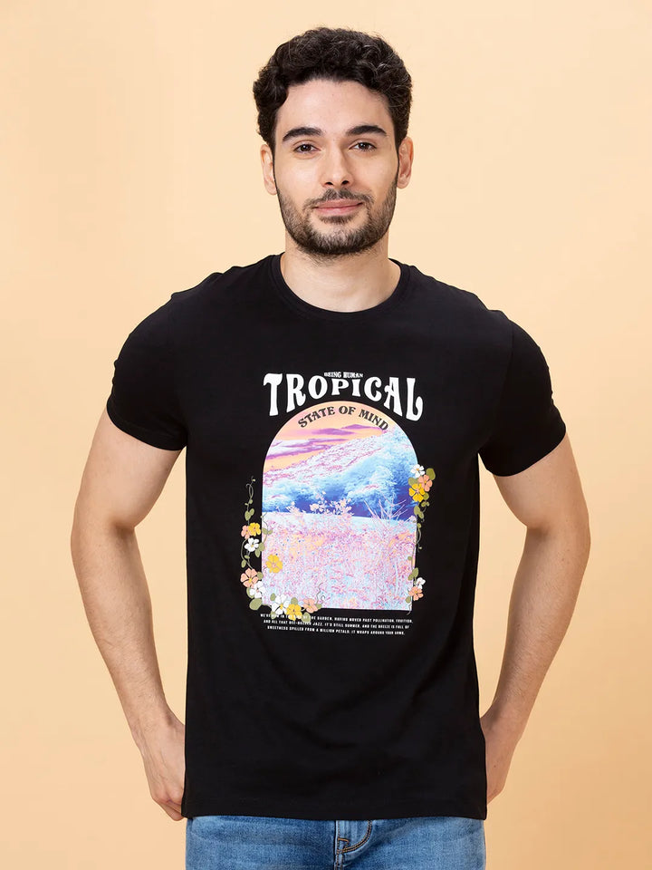 Black Regular Fit Round Neck Men's T-Shirt by Being Human Clothing