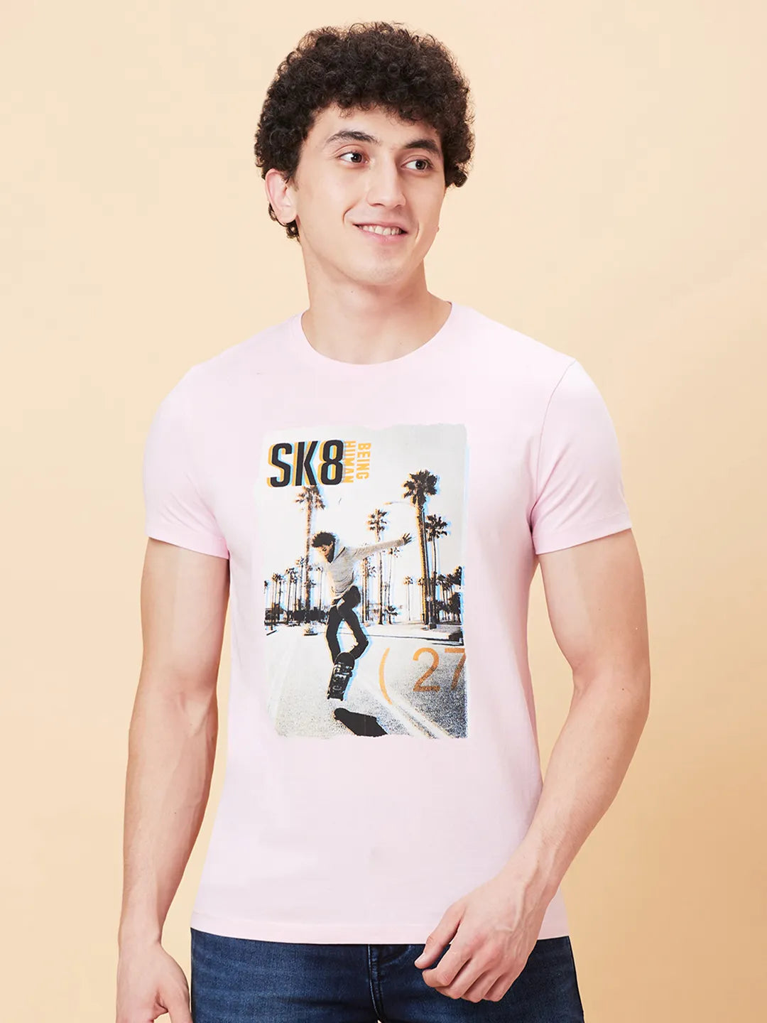 Powder Pink Regular Fit Round Neck Men's T-Shirt by Being Human Clothing