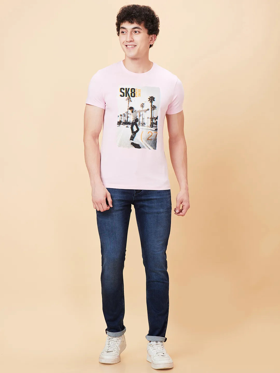 Powder Pink Regular Fit Round Neck Men's T-Shirt by Being Human Clothing