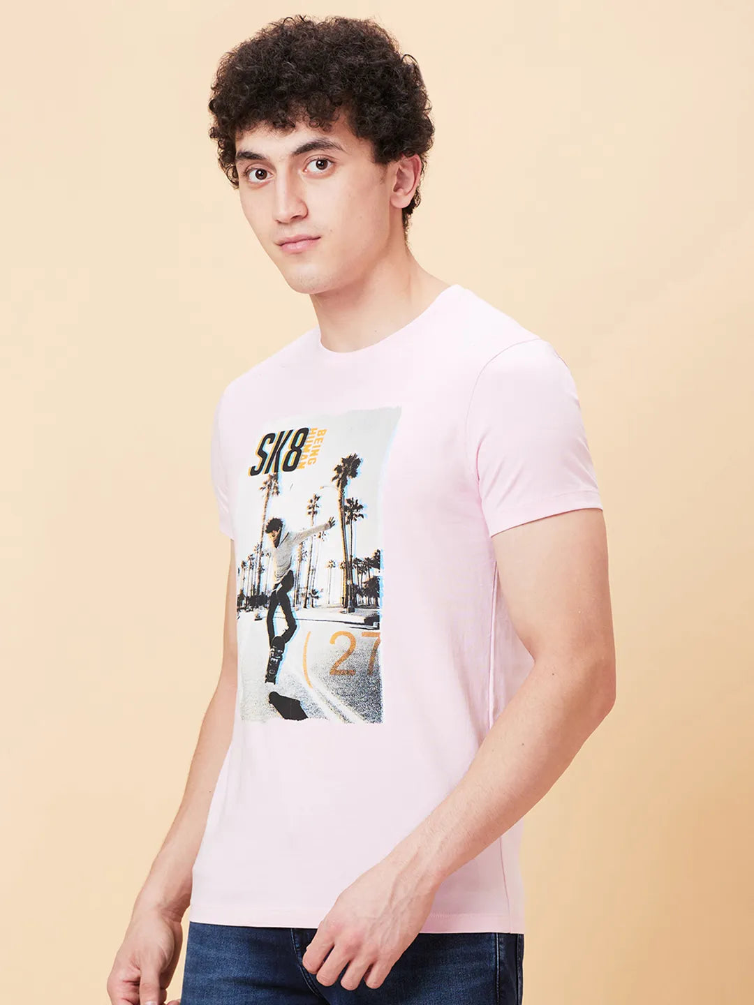 Powder Pink Regular Fit Round Neck Men's T-Shirt by Being Human Clothing