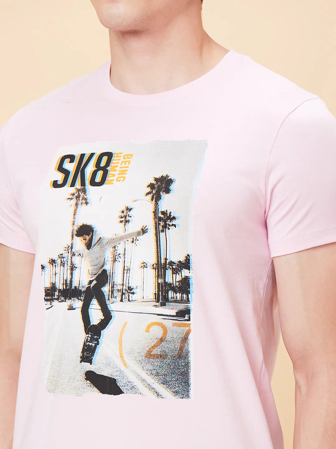 Powder Pink Regular Fit Round Neck Men's T-Shirt by Being Human Clothing