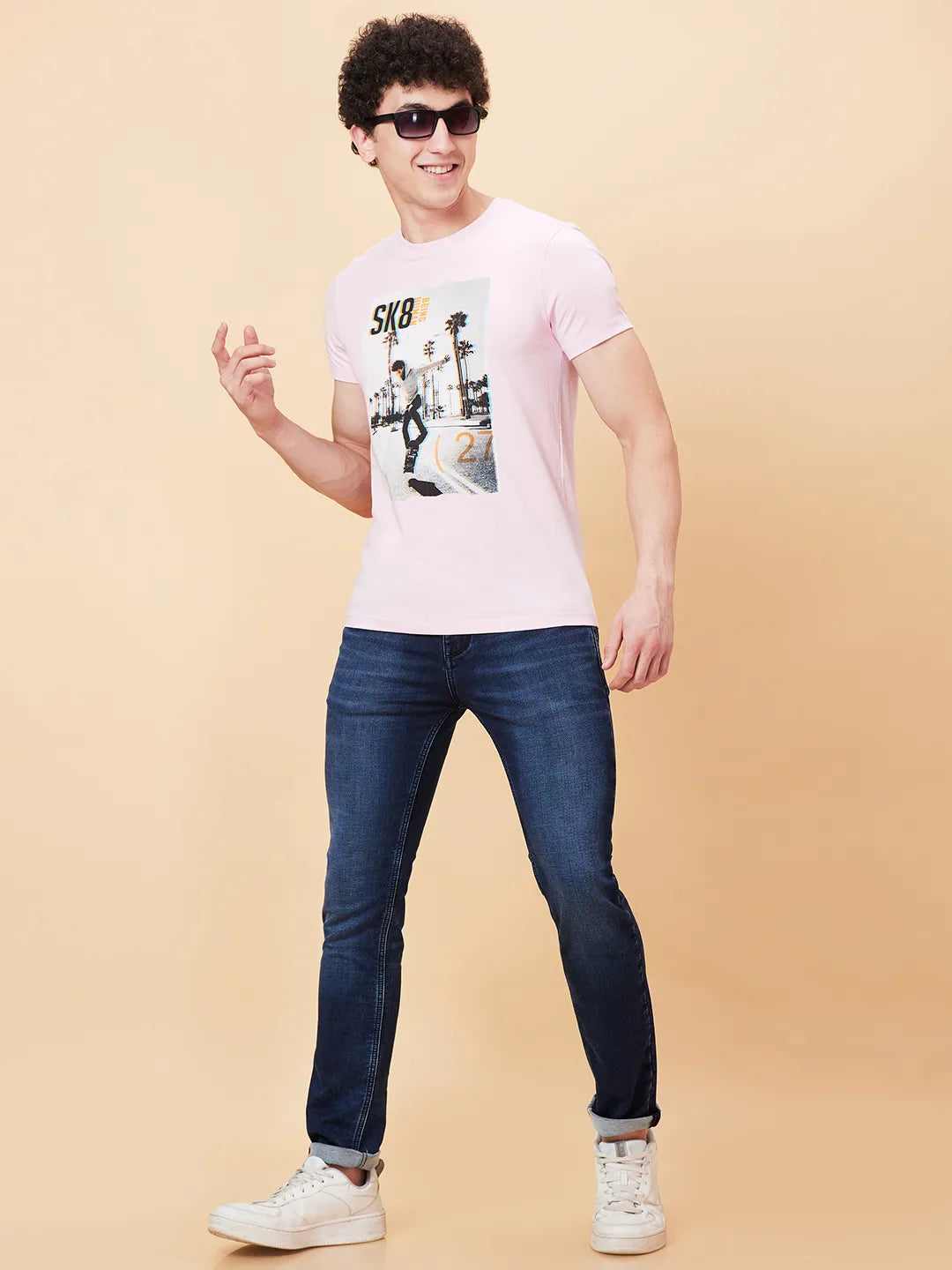 Powder Pink Regular Fit Round Neck Men's T-Shirt by Being Human Clothing