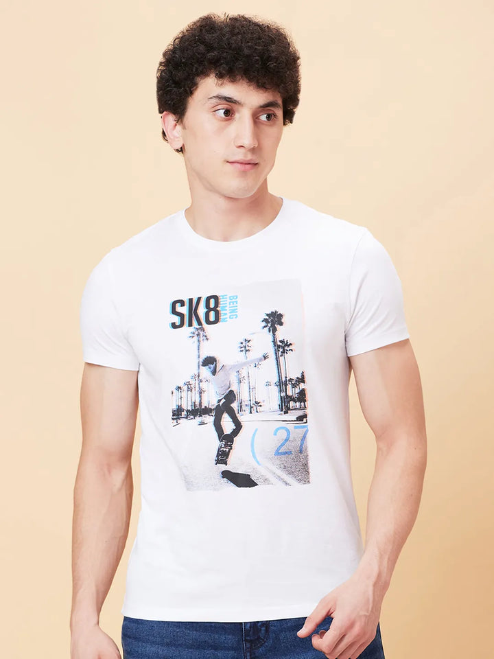 White Regular Fit Round Neck Men's T-Shirt by Being Human Clothing
