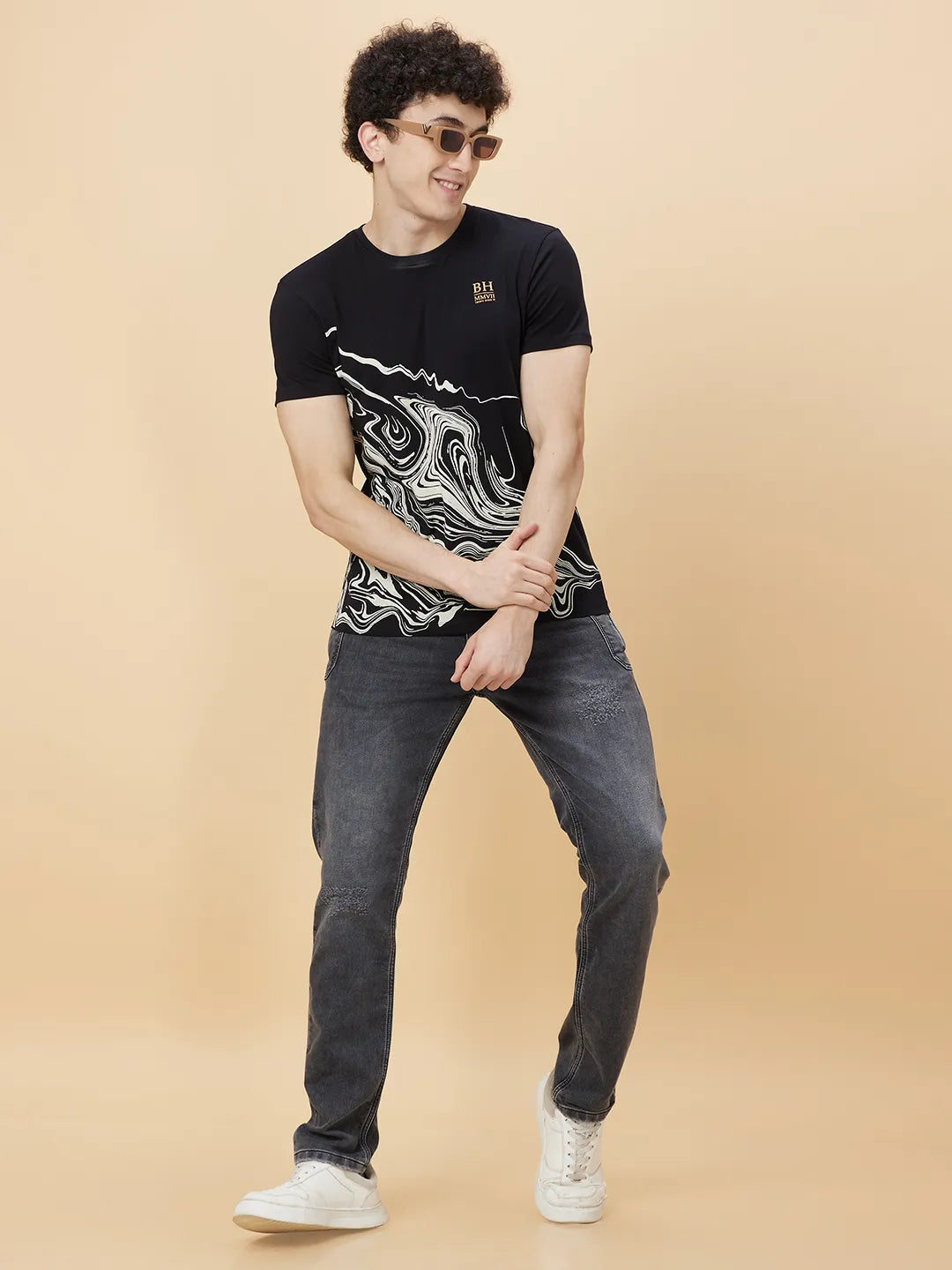 Black Regular Fit Round Neck Men's T-Shirt by Being Human Clothing