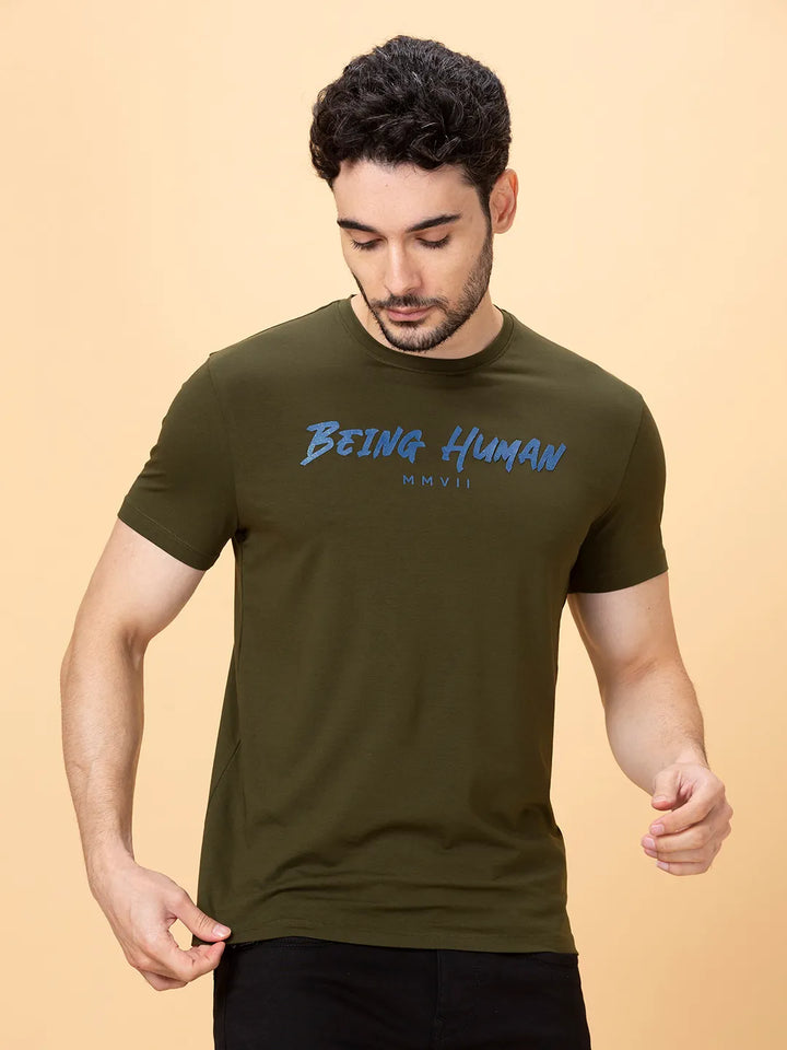 Olive Regular Fit Round Neck Men's T-Shirt by Being Human Clothing
