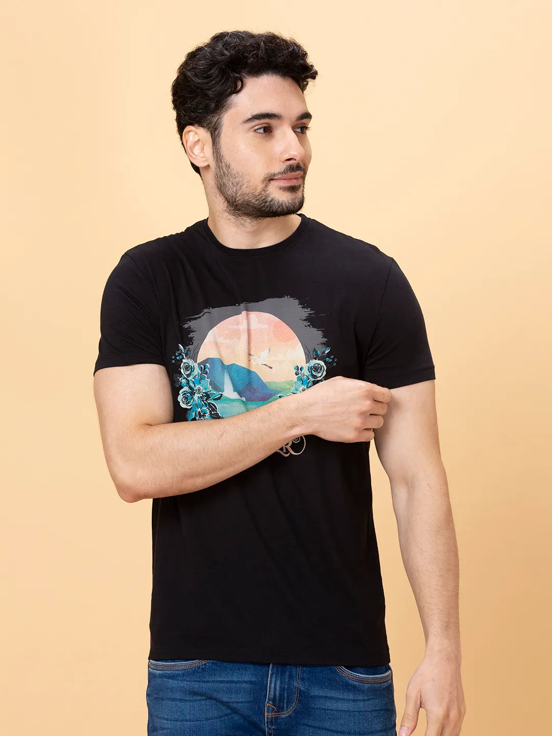 Black Regular Fit Round Neck Men's T-Shirt by Being Human Clothing