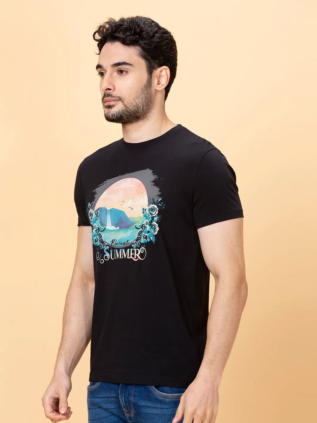 Black Regular Fit Round Neck Men's T-Shirt by Being Human Clothing