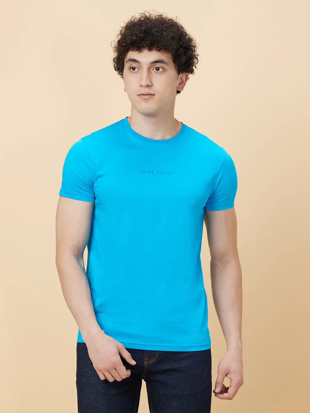 Vivid Blue Regular Fit Round Neck Men's T-Shirt by Being Human Clothing