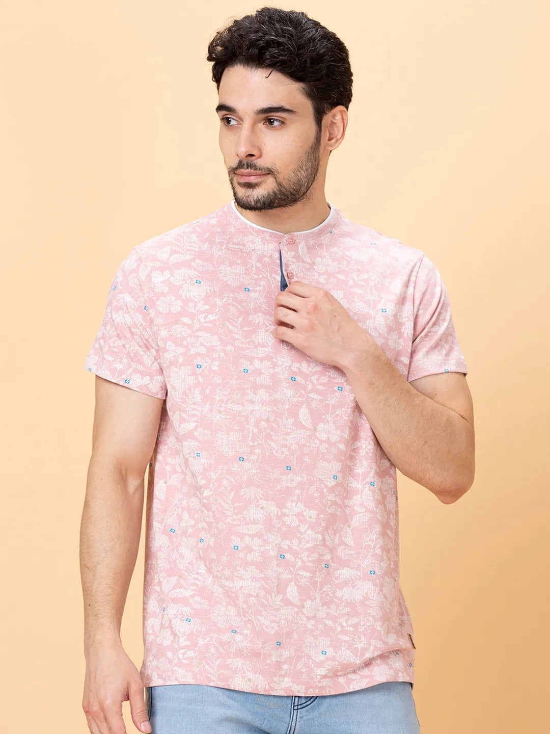 Dusty Pink Regular Fit Henley Neck Mens' T-Shirt by Being Human Clothing