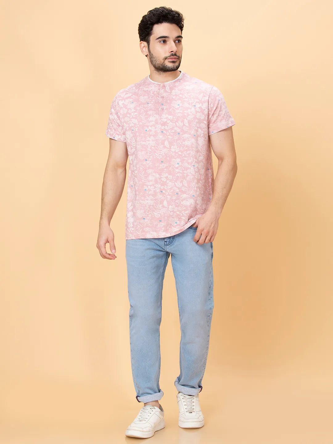 Dusty Pink Regular Fit Henley Neck Mens' T-Shirt by Being Human Clothing