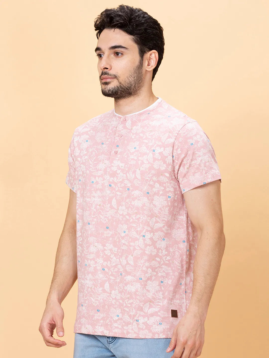 Dusty Pink Regular Fit Henley Neck Mens' T-Shirt by Being Human Clothing