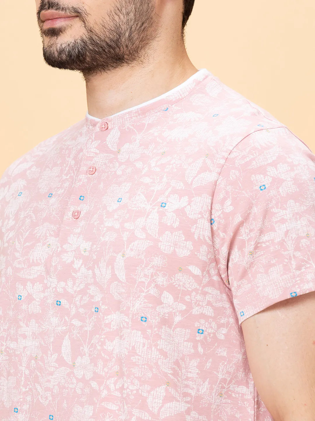 Dusty Pink Regular Fit Henley Neck Mens' T-Shirt by Being Human Clothing