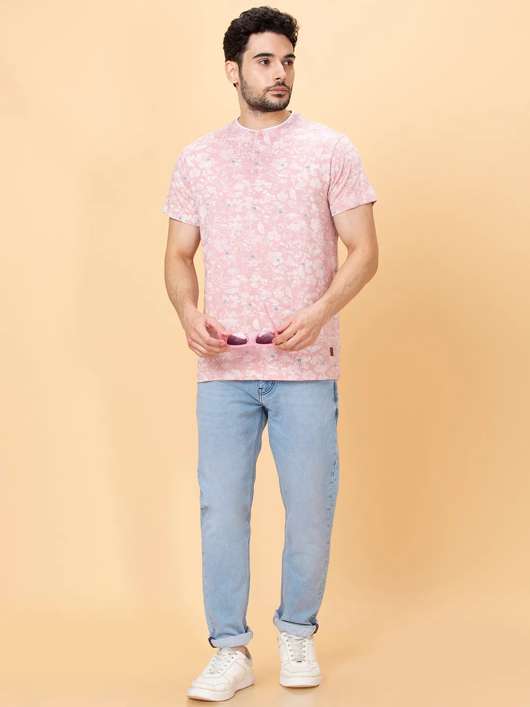 Dusty Pink Regular Fit Henley Neck Mens' T-Shirt by Being Human Clothing