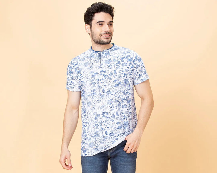 White Regular Fit Henley Neck Men's T-Shirt by Being Human Clothing