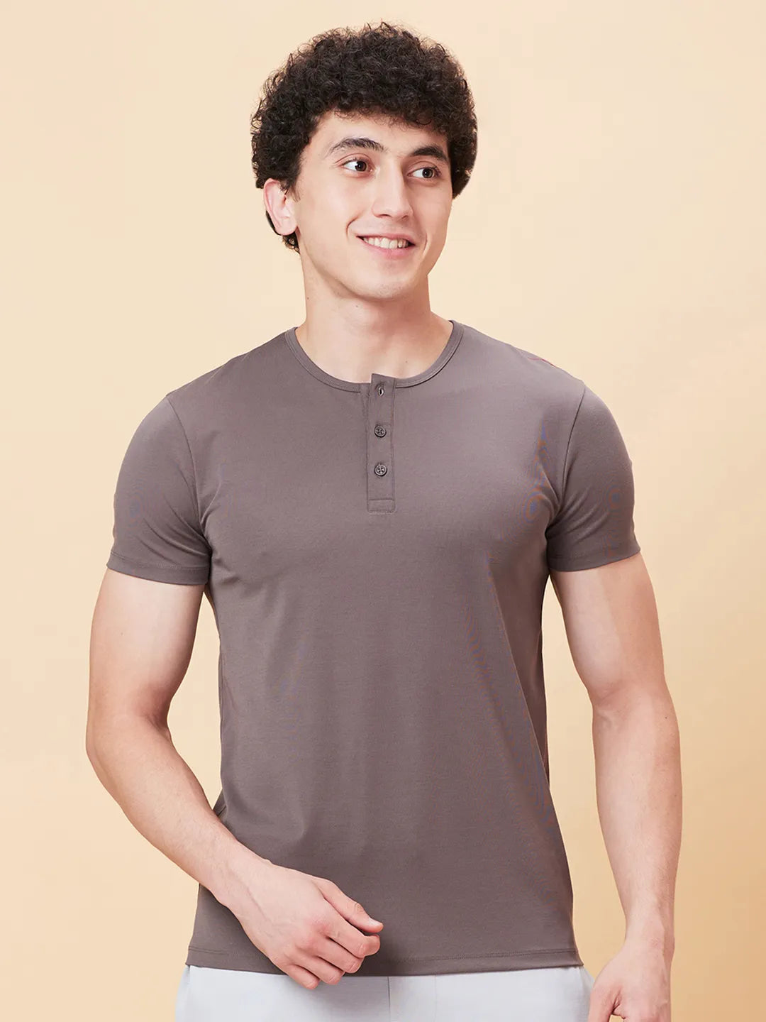 Charcoal Regular Fit Henley Neck Men's T-Shirt by Being Human Clothing