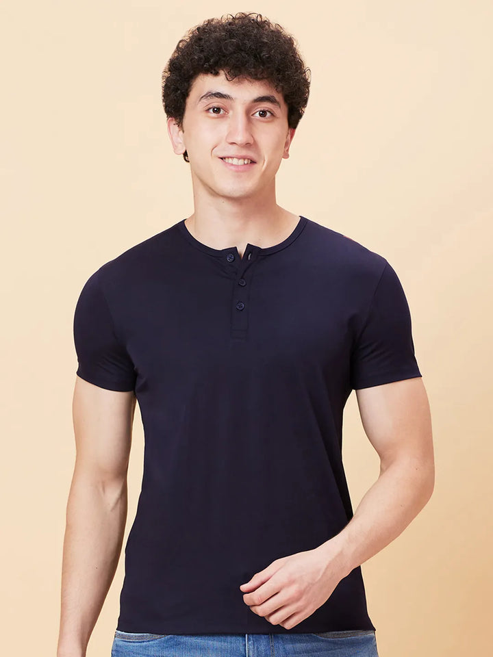 Navy Henley Neck Men's T-Shirt by Being Human Clothing