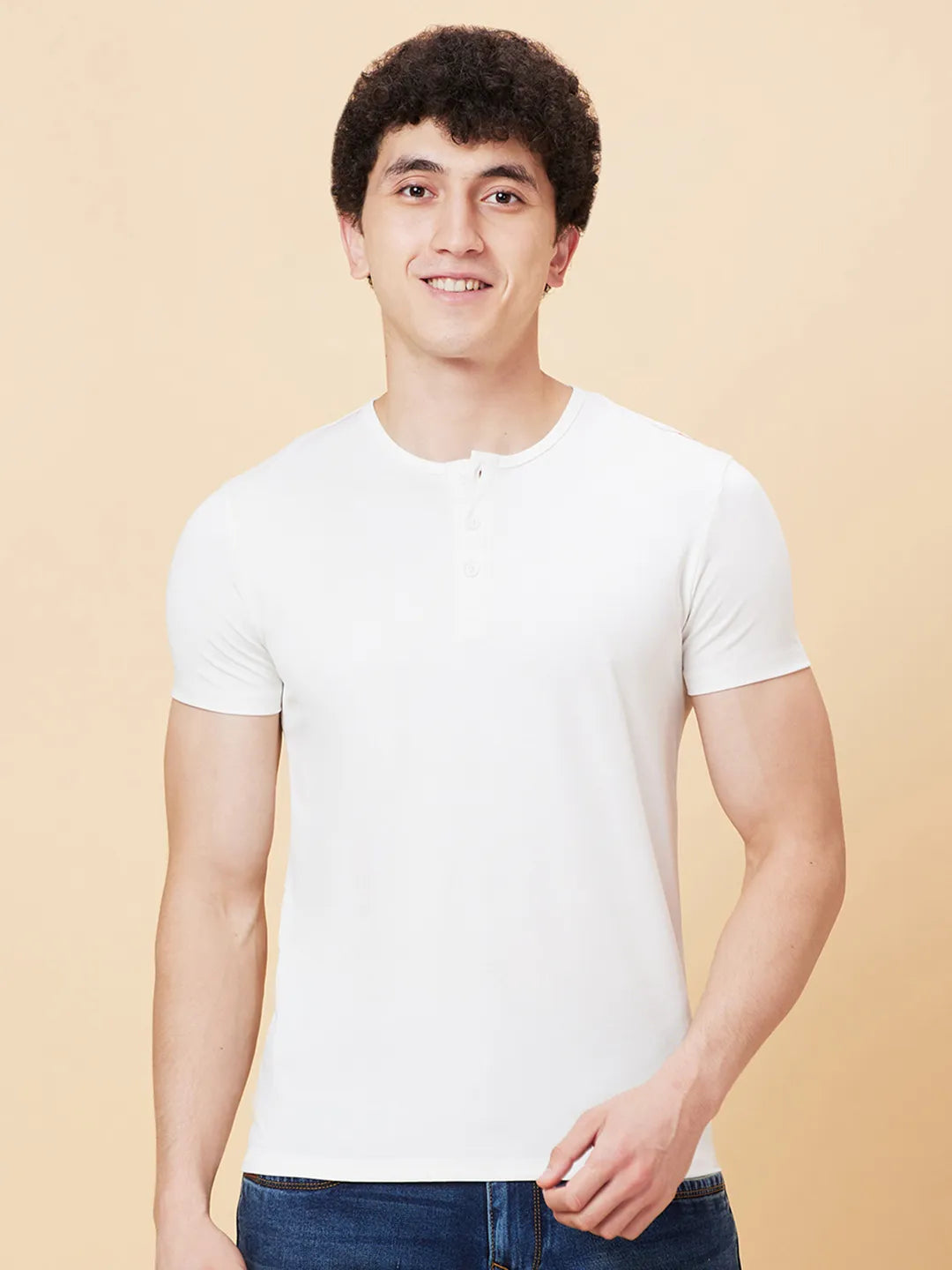 White Regular Fit Henley Neck Men's T-Shirt by Being Human Clothing