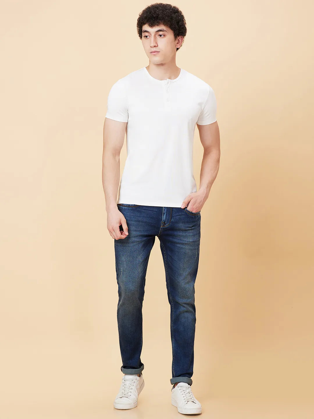 White Regular Fit Henley Neck Men's T-Shirt by Being Human Clothing