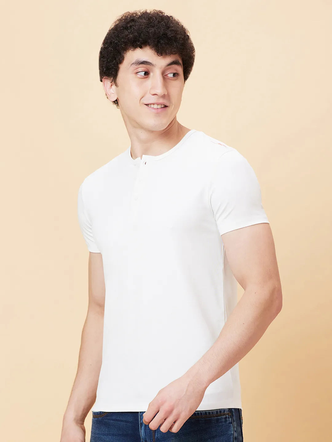 White Regular Fit Henley Neck Men's T-Shirt by Being Human Clothing
