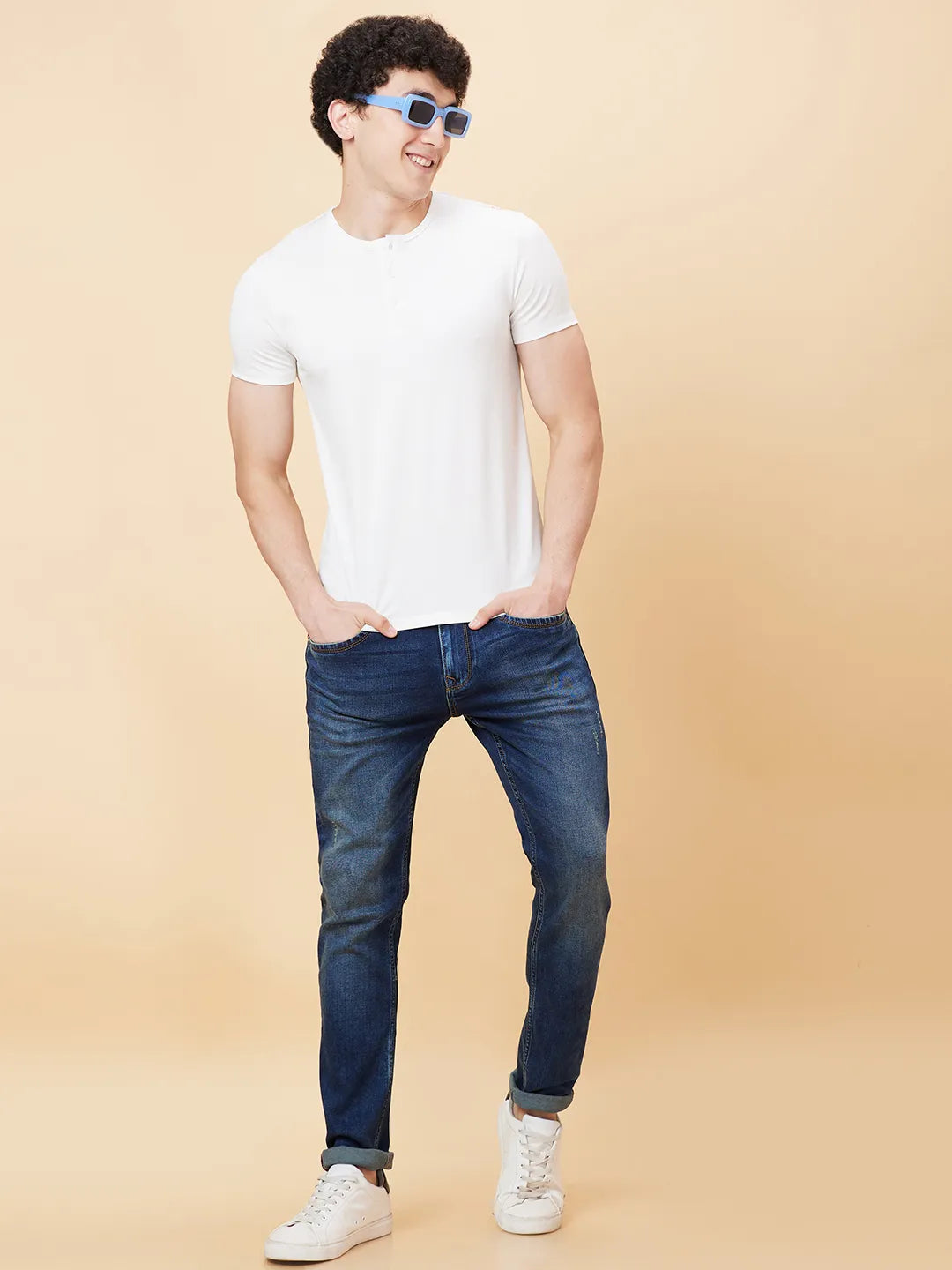 White Regular Fit Henley Neck Men's T-Shirt by Being Human Clothing