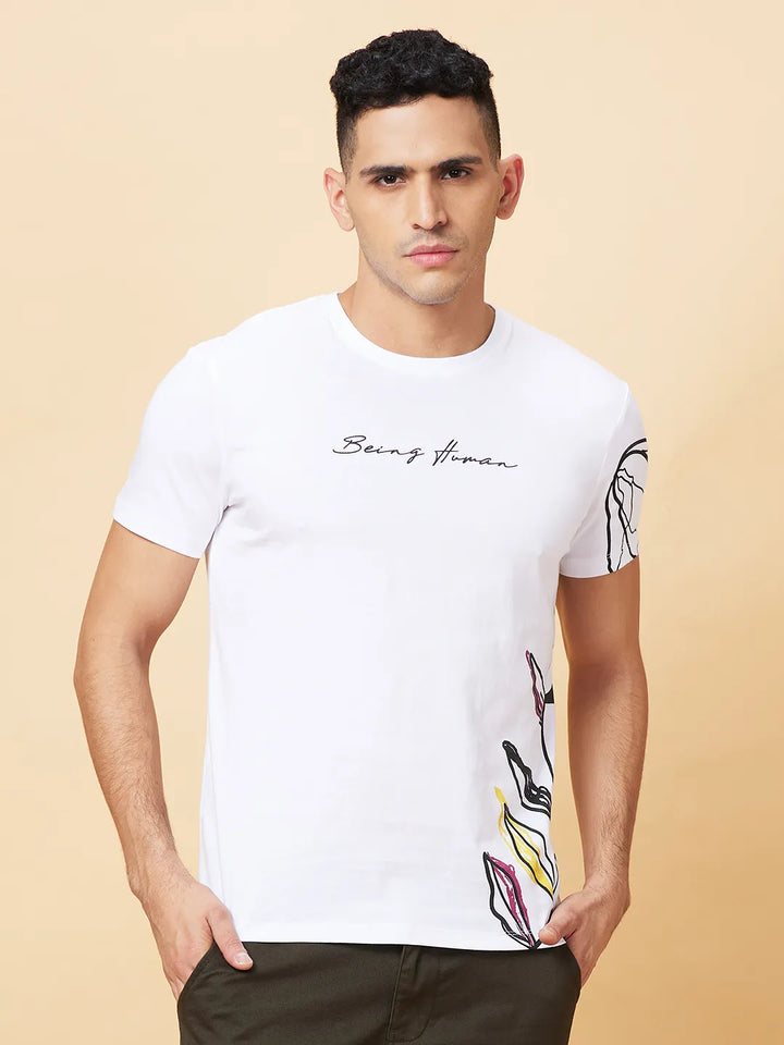 White Regular Fit Round Neck Men's T-Shirt by Being Human Clothing