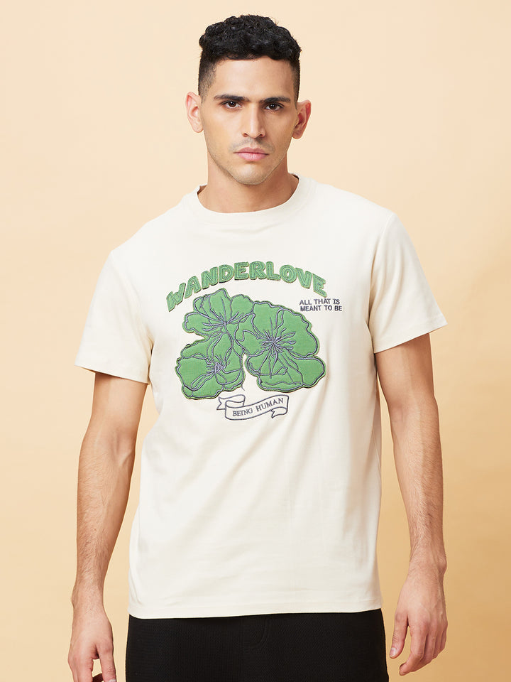 Beige Regular Fit Round Neck Men's T-shirt