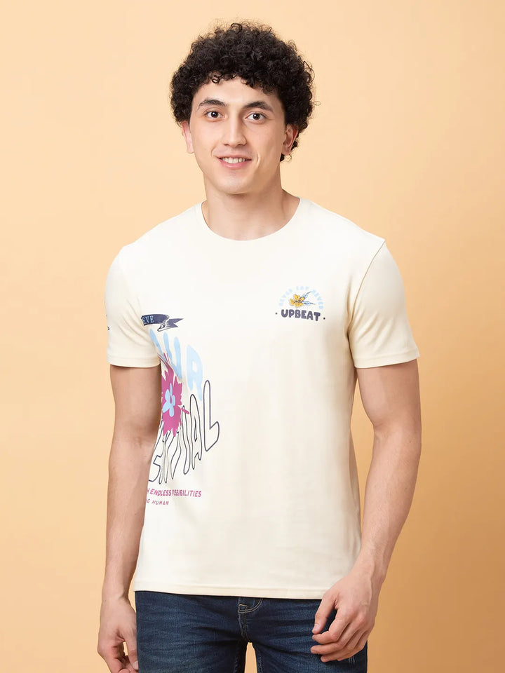 Beige Slim Fit Round Neck Men's T-Shirt by Being Human Clothing