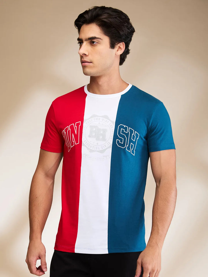 Red White Teal Regular Fit Round Neck Men's T-Shirt by Being Human Clothing