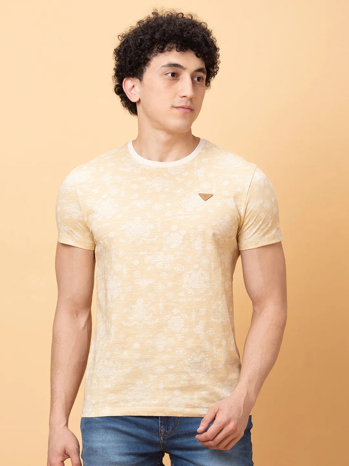 Beige Regular Fit Round Neck Men's T-Shirt by Being Human Clothing