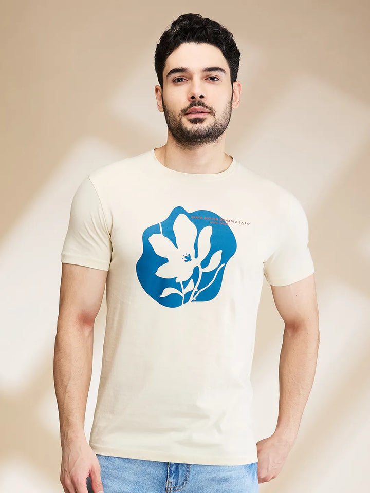 Beige Regular Fit Round Neck Men's T-Shirt by Being Human Clothing