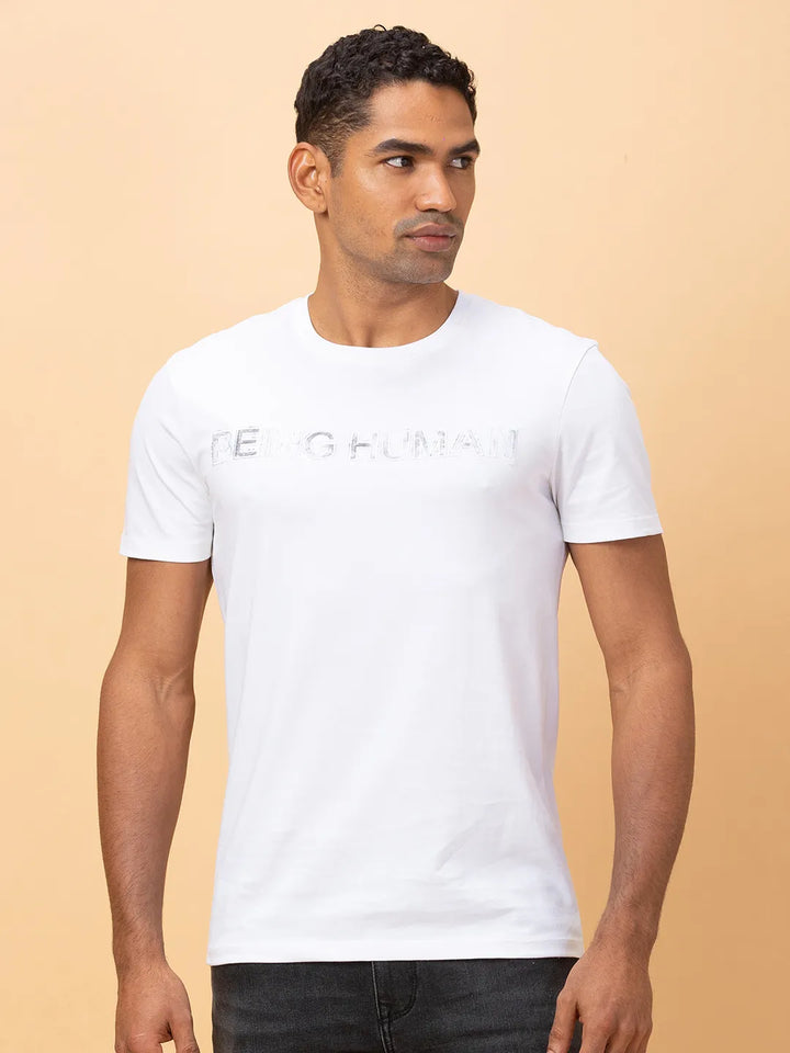 White Slim Fit Round Neck Men's T-Shirt by Being Human Clothing