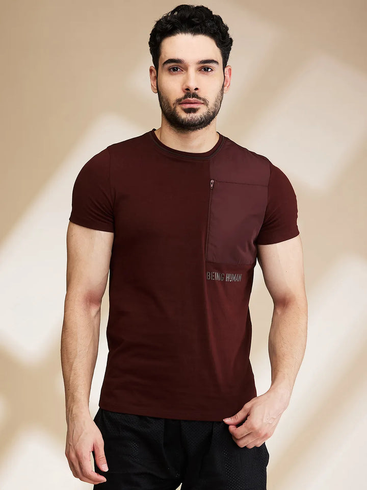 Brown Slim Fit Round Neck Men's T-Shirt by Being Human Clothing