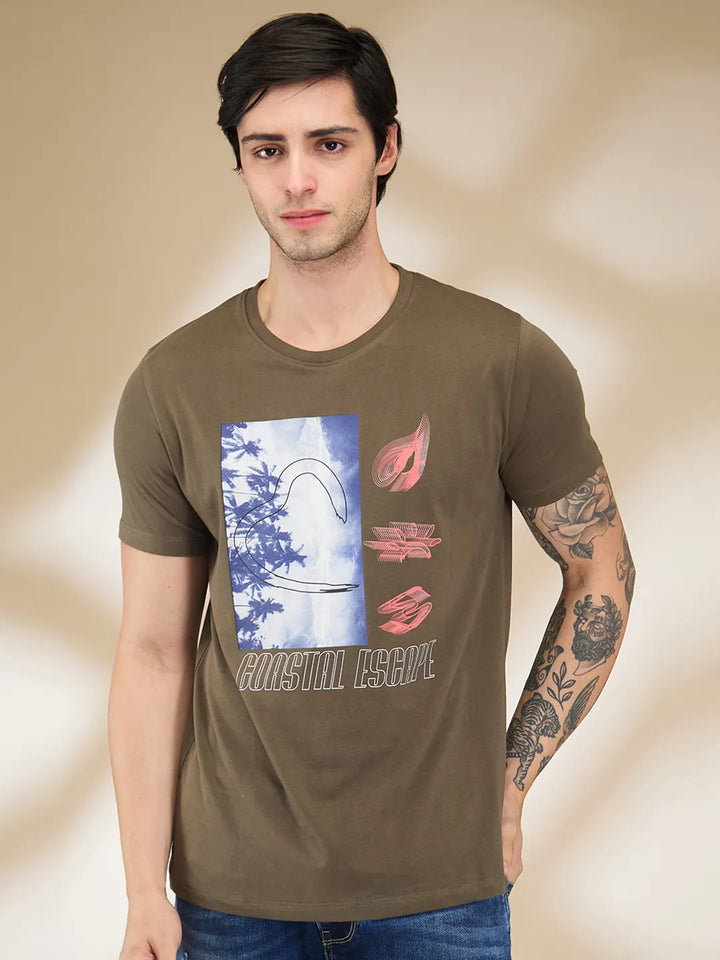 Olive Slim Fit Round Neck Men's T-Shirt by Being Human Clothing