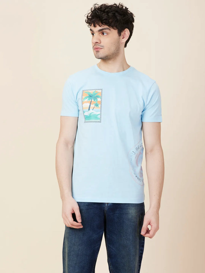 Sky Blue Slim Fit Round Neck Men's T-Shirt by Being Human Clothing