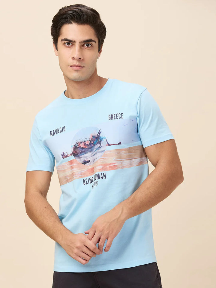 Sky Blue Slim Fit Round Neck Men's T-Shirt by Being Human Clothing
