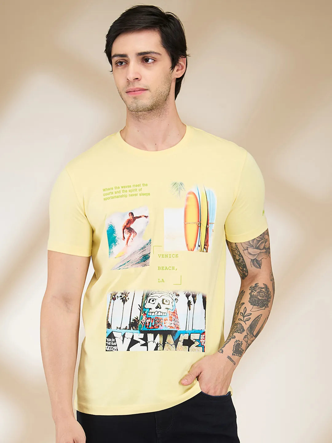 Yellow Slim Fit Round Neck Mens' T-Shirt by Being Human Clothing
