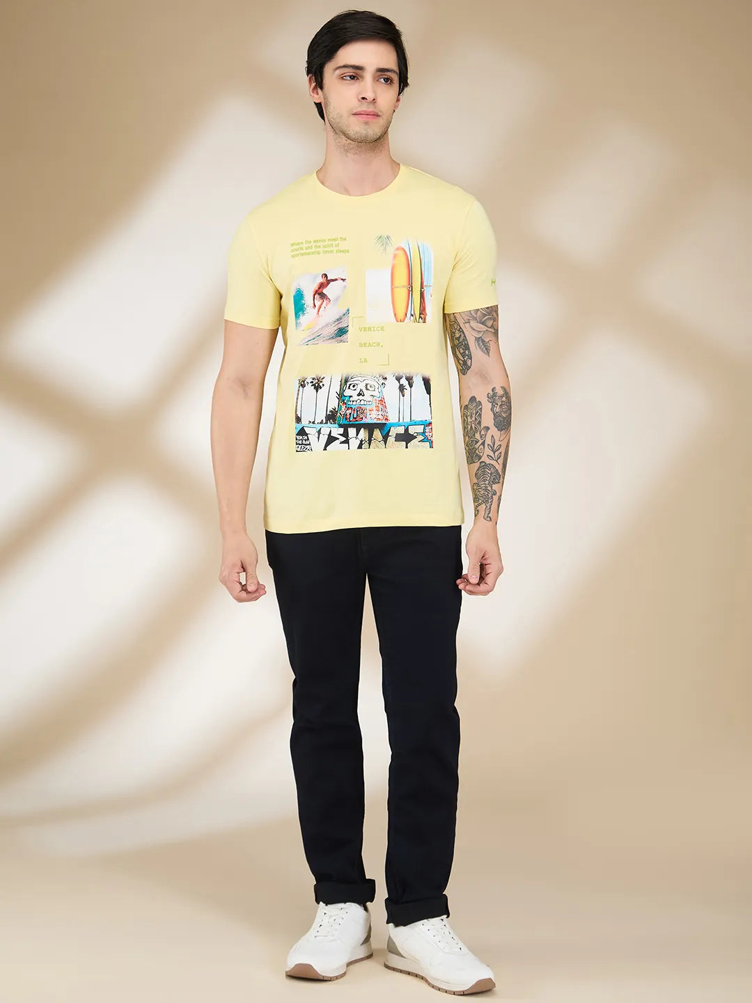 Yellow Slim Fit Round Neck Mens' T-Shirt by Being Human Clothing